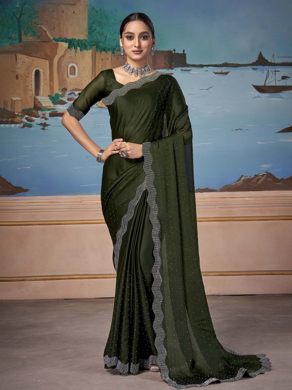 Dark Olive Green Satin Chiffon Saree